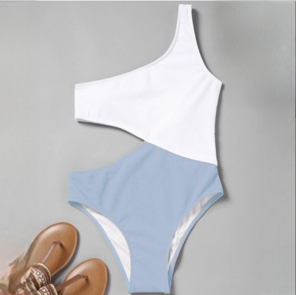 Zaful Cutout Ribbed One Shoulder One Piece Swimsuit Light Blue L / 8 - Picture 8 of 8